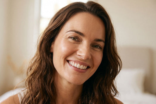 woman in mid-30s with fine lines and glowing skin smiling