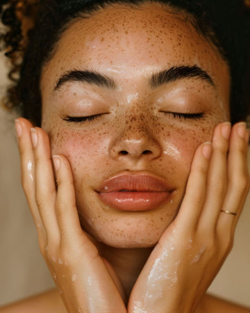 Woman with freckled skin applying pregnancy cleanser eyes closed
