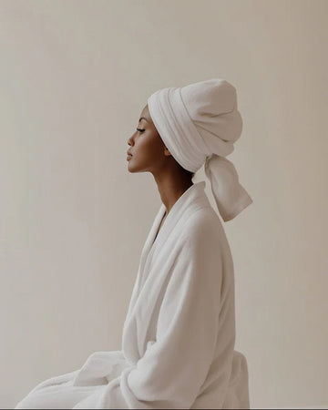 Woman in white robe and towel turban seated in profile
